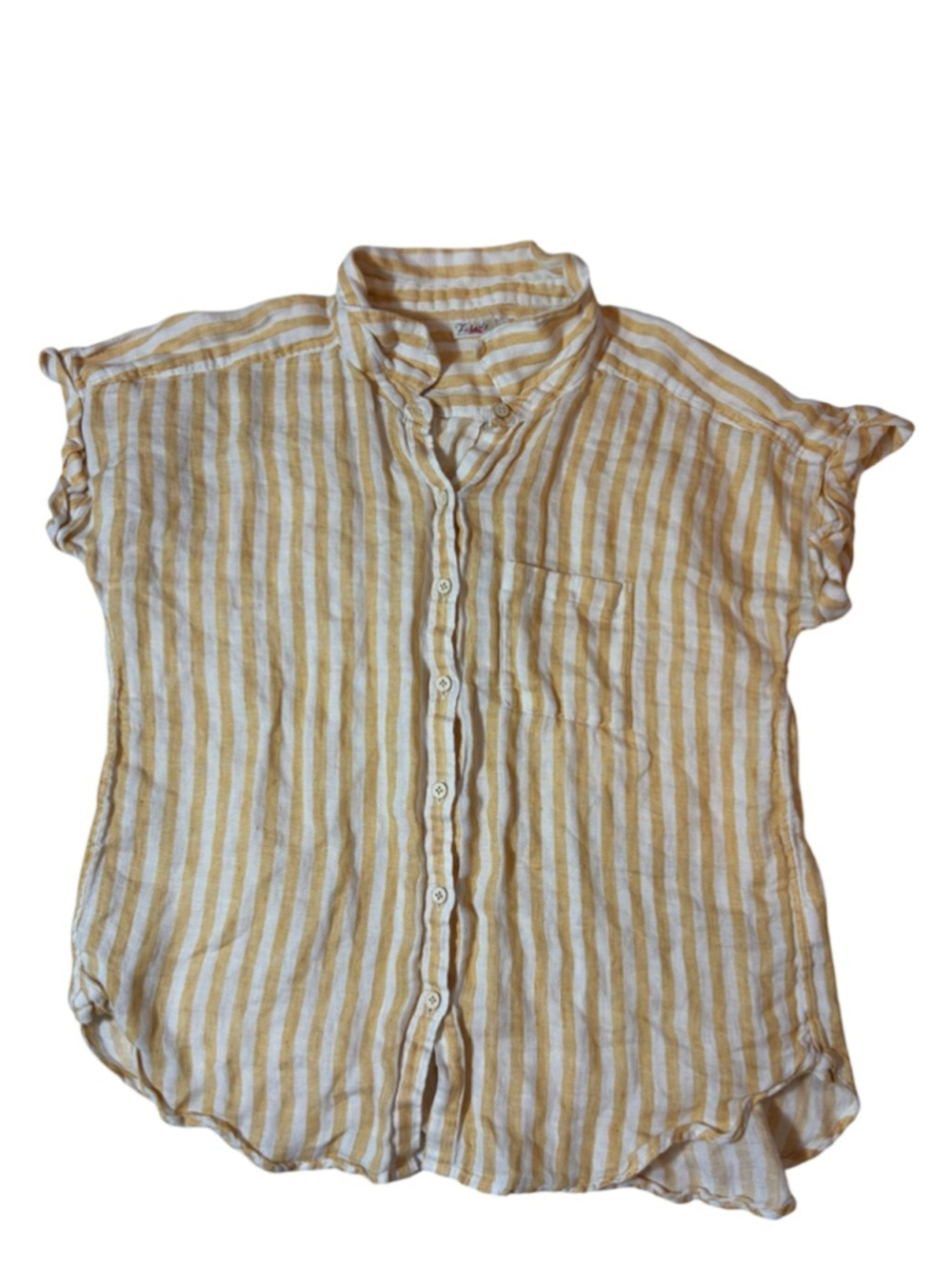 Faherty Yellow Ivory Linen Striped Ruffle Sleeve Shirt Medium